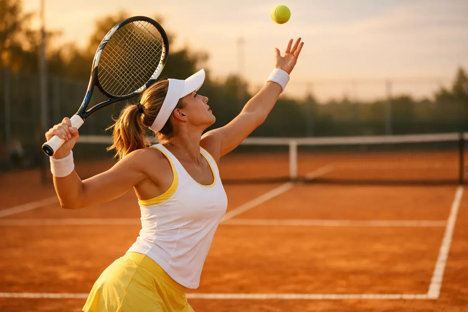 Tenista en posición de saque con raqueta levantada
