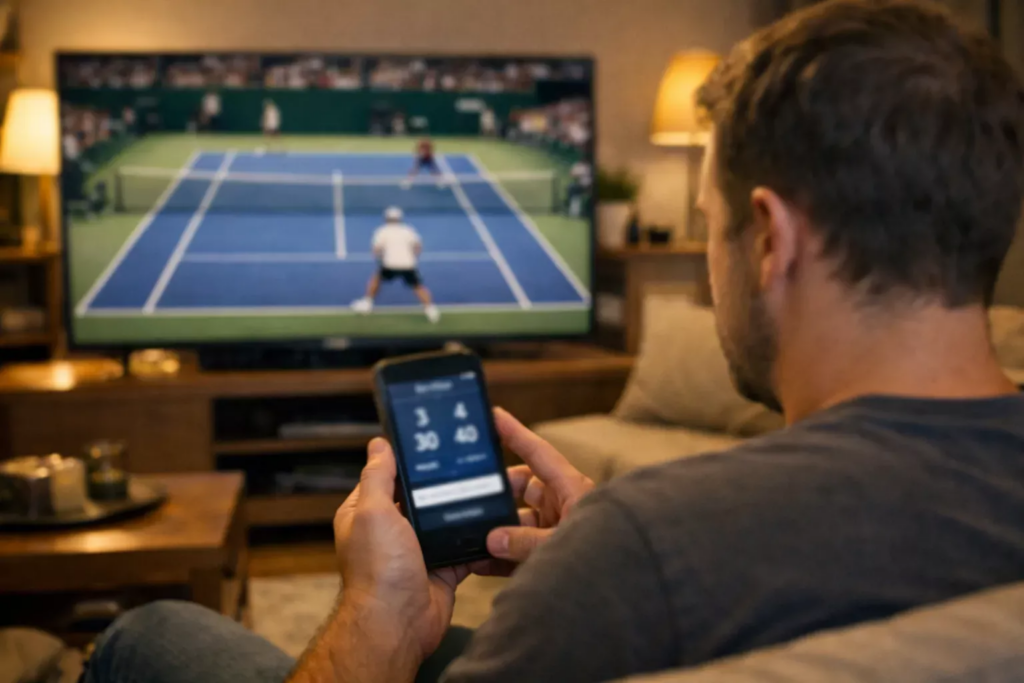 Persona viendo un partido de tenis en televisión con smartphone en la mano