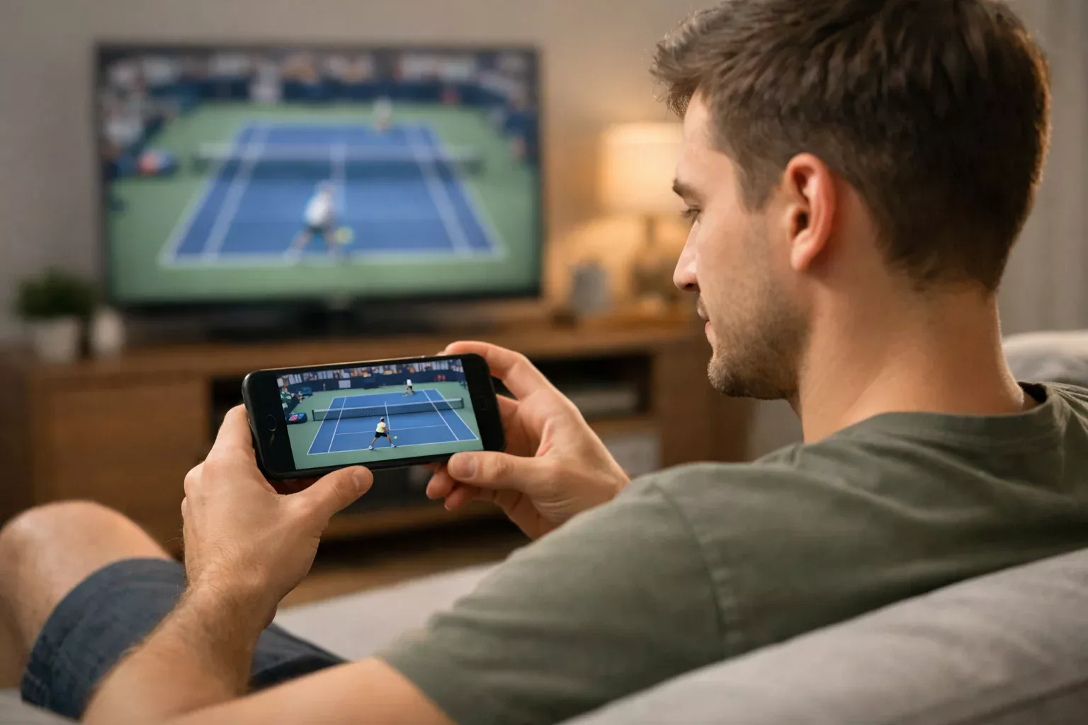 Aficionado siguiendo partido de tenis en directo desde su móvil