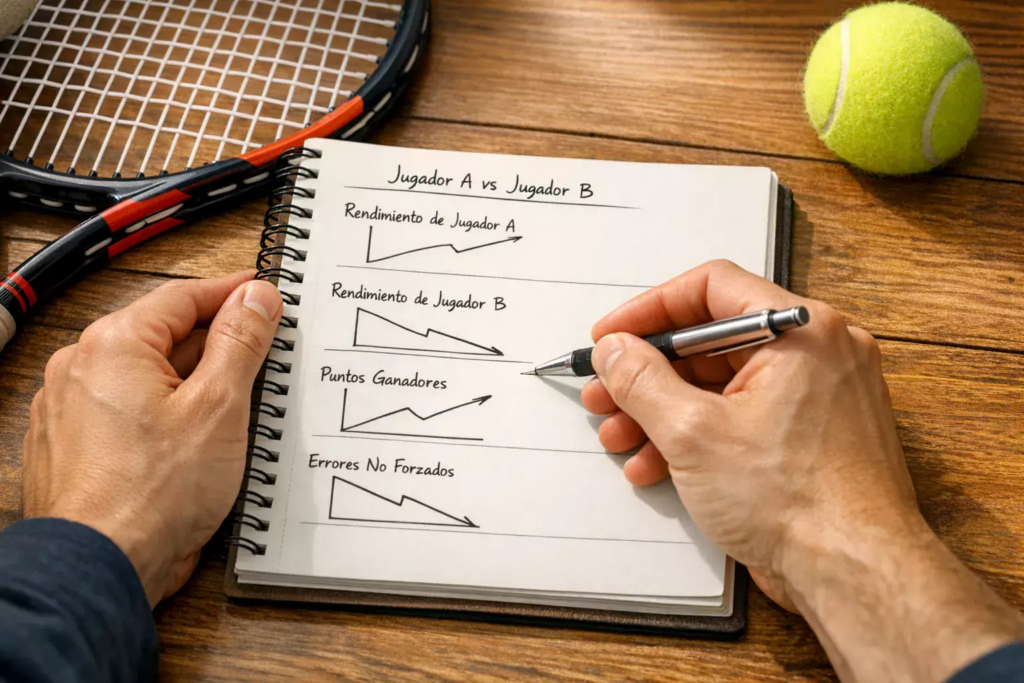 Persona analizando estadísticas de tenistas en un bloc de notas junto a una raqueta