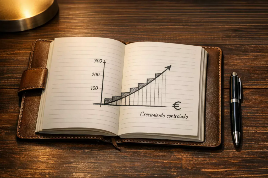 Libreta con gráfico de línea ascendente y símbolo de euro representando gestión de banca