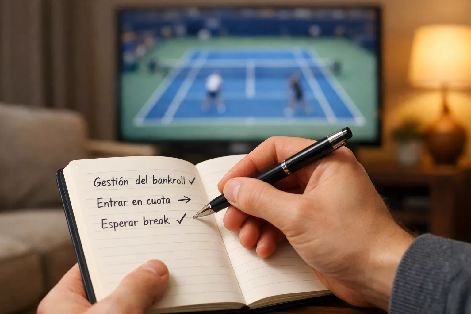 Persona tomando notas mientras ve partido de tenis en televisión