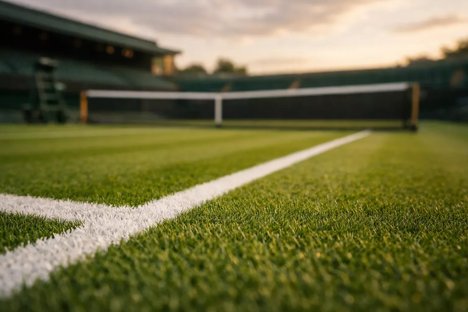 Pista de hierba con líneas blancas marcadas y red de tenis