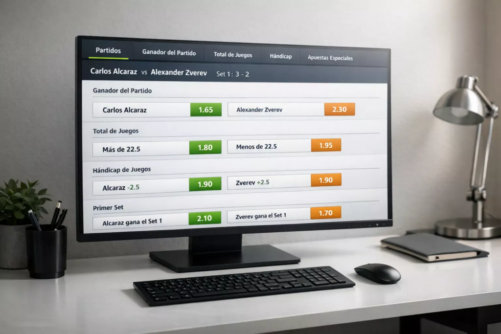 Pantalla de ordenador mostrando diferentes opciones de mercados de apuestas deportivas