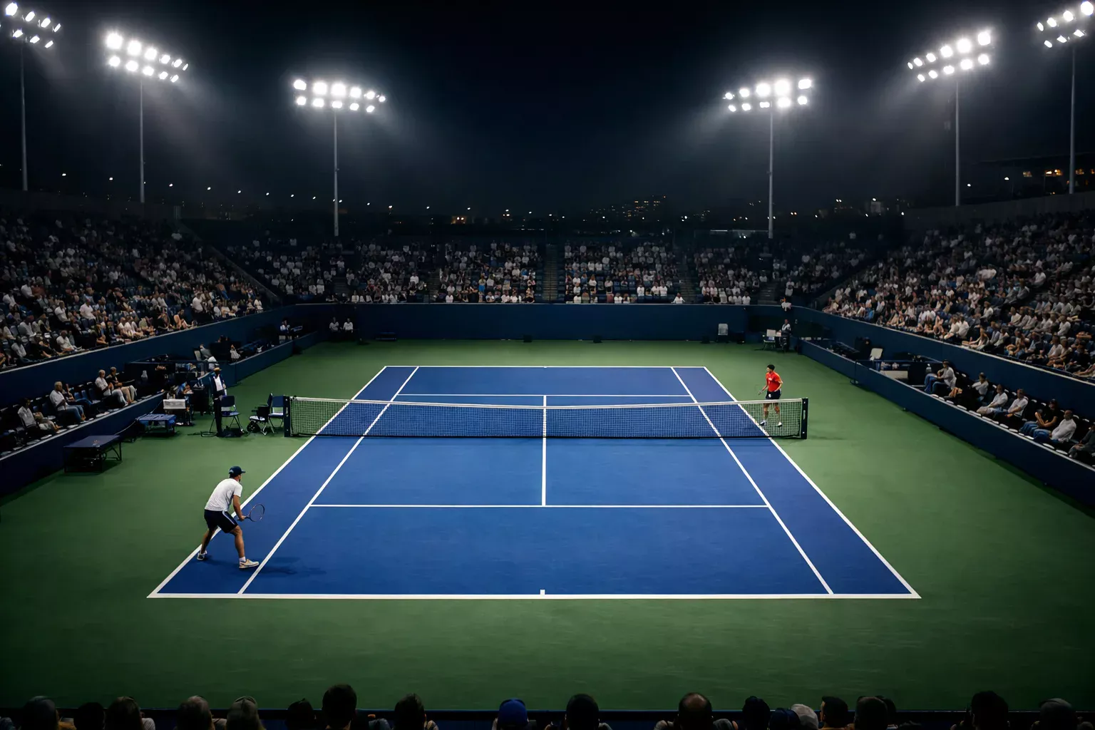 Partido nocturno en pista dura con iluminación artificial