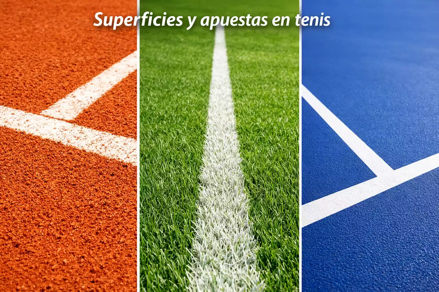 Vista panorámica de tres pistas de tenis: arcilla, hierba y pista dura