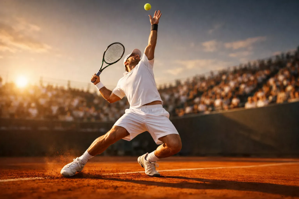 Jugador de tenis profesional sirviendo en pista de tierra batida durante un partido