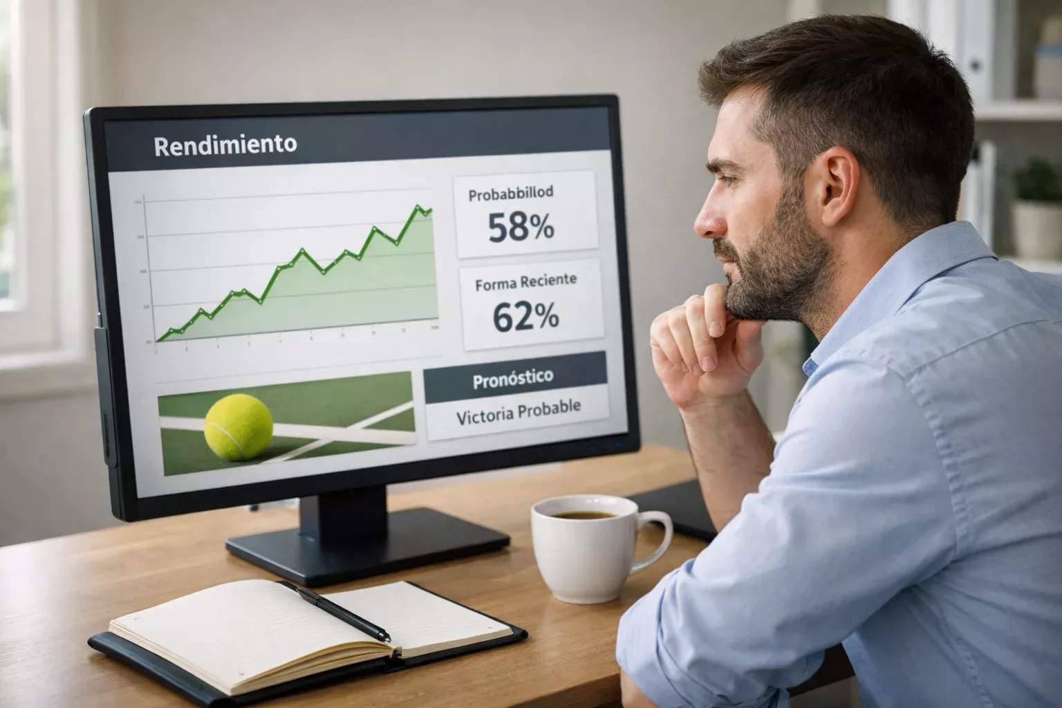Analista revisando estadísticas de partidos de tenis en pantalla
