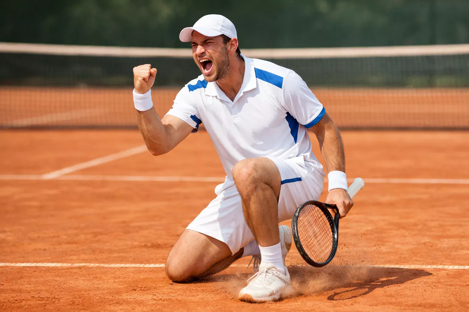 Tenista celebrando break de servicio con puño cerrado